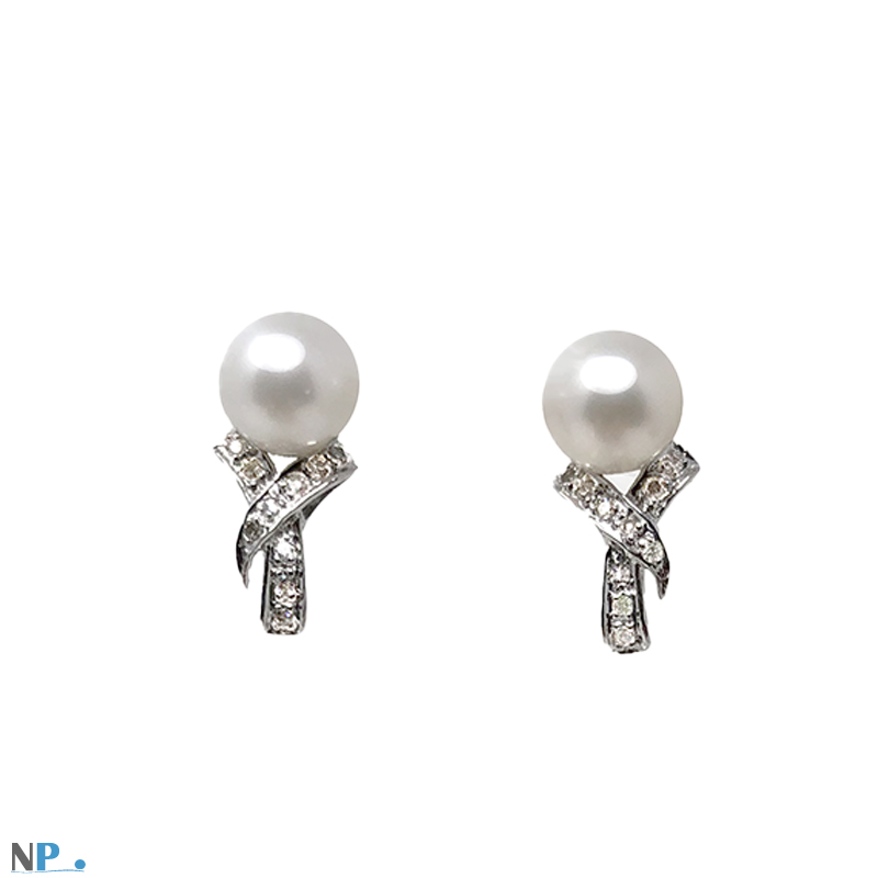 Orecchini con perle coltivate Akoya da 6,5-7,0 mm oro bianco 18k diamanti